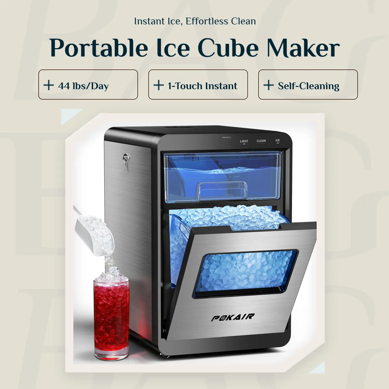 POKAIR Countertop Ice Cube Maker, Portable 44 lbs/Day Capacity Icemaker with 1-Touch Instant Production, Self-Cleaning Stainless Steel, US Plug for Home, RV Use