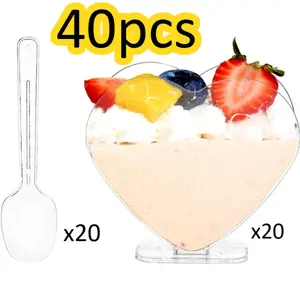 Heart Shaped Cups with Spoons(20 Cups & 20 Spoons) – Clear Disposable Dessert Glasses for Valentine’s Day, Wedding, Party & Engagement | Perfect for Candy, Jello & Appetizers