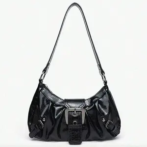 2026 Y2K Vintage Shoulder Bag, Soft Distressed Leather Motorcycle Shoulder Bag With Rivet Buckle Pleated Cloud Decor Underarm Bag Handbag Party Street Bag for Women Purse Suitable for Work, Commute, Date
