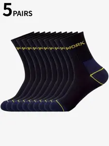 5 pairs of men's Athletic wear-resistant work socks, navy blue and black, yellow top-stitched "WORK" logo, suitable for work boots/construction sites/hiking, Sock Sets