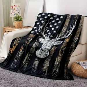 1pc American Flag Deer Head Design Flannel Color-Fillable Art Blanket, Thick Woven Soft Comfy Luxe Cabin Travel Blanket, All-Season Machine-Washable Warm Throw for Bed, Sofa, Camping, Comfy Luxe Blankets, Cabin Travel Blankets