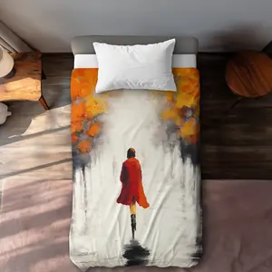 Begin Home Decor C1DCTXLWVRAMO5 Woman with A Red Coat by Fall Twin Size Extra Long Duvet Cover - Contemporary Home Decor