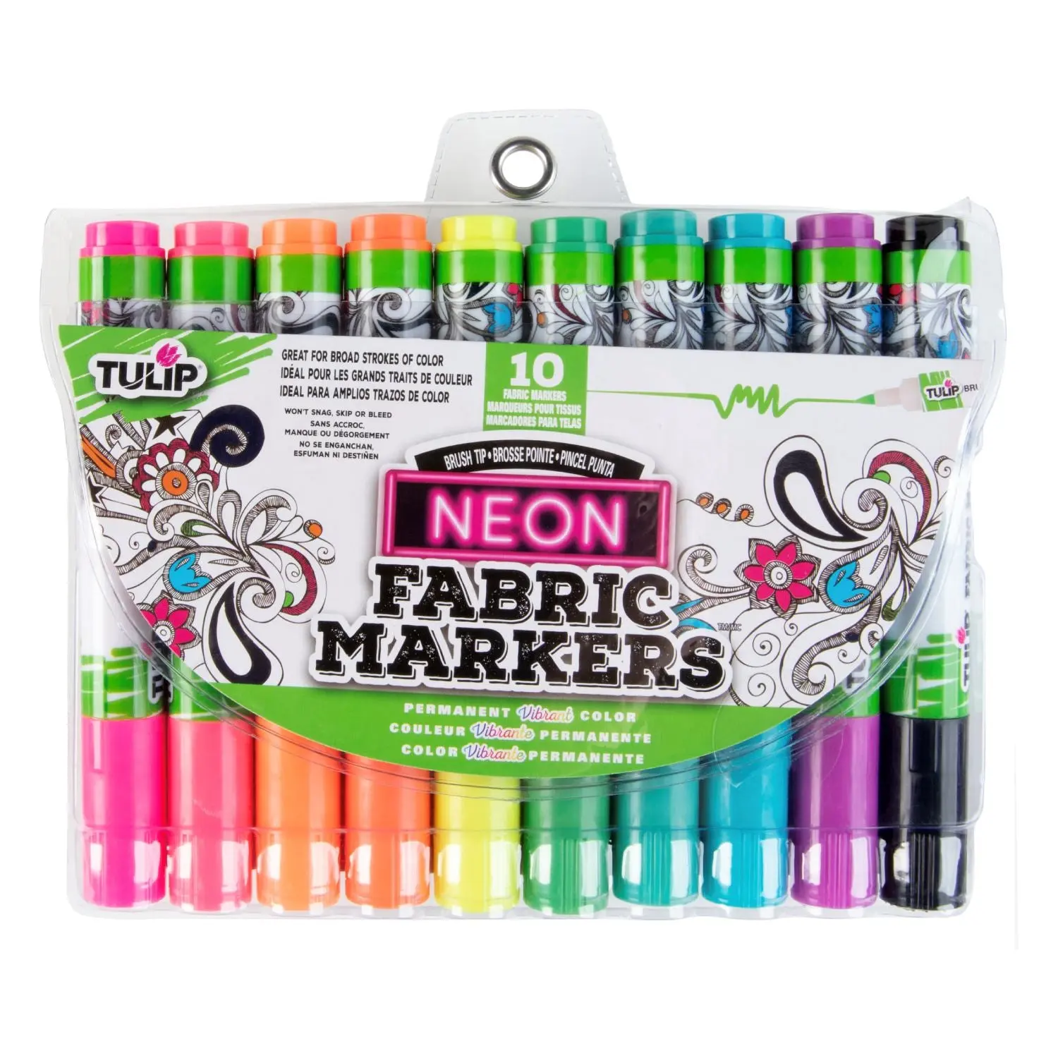Tulip Neon Brush-Tip Fabric Markers, 10-Pack Color Marker Set, Brush Tip Pen for Fabric Crafts, Coloring Supplies & Highlighters