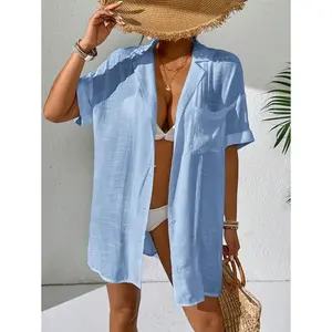 Swim Women Simple Solid Color Short Sleeve Kimono Cover Up,Summer Beach Beach Outfit For Womenbeach Cover Up Womenlong Shirtbeach Shirt Swimwear Coverups