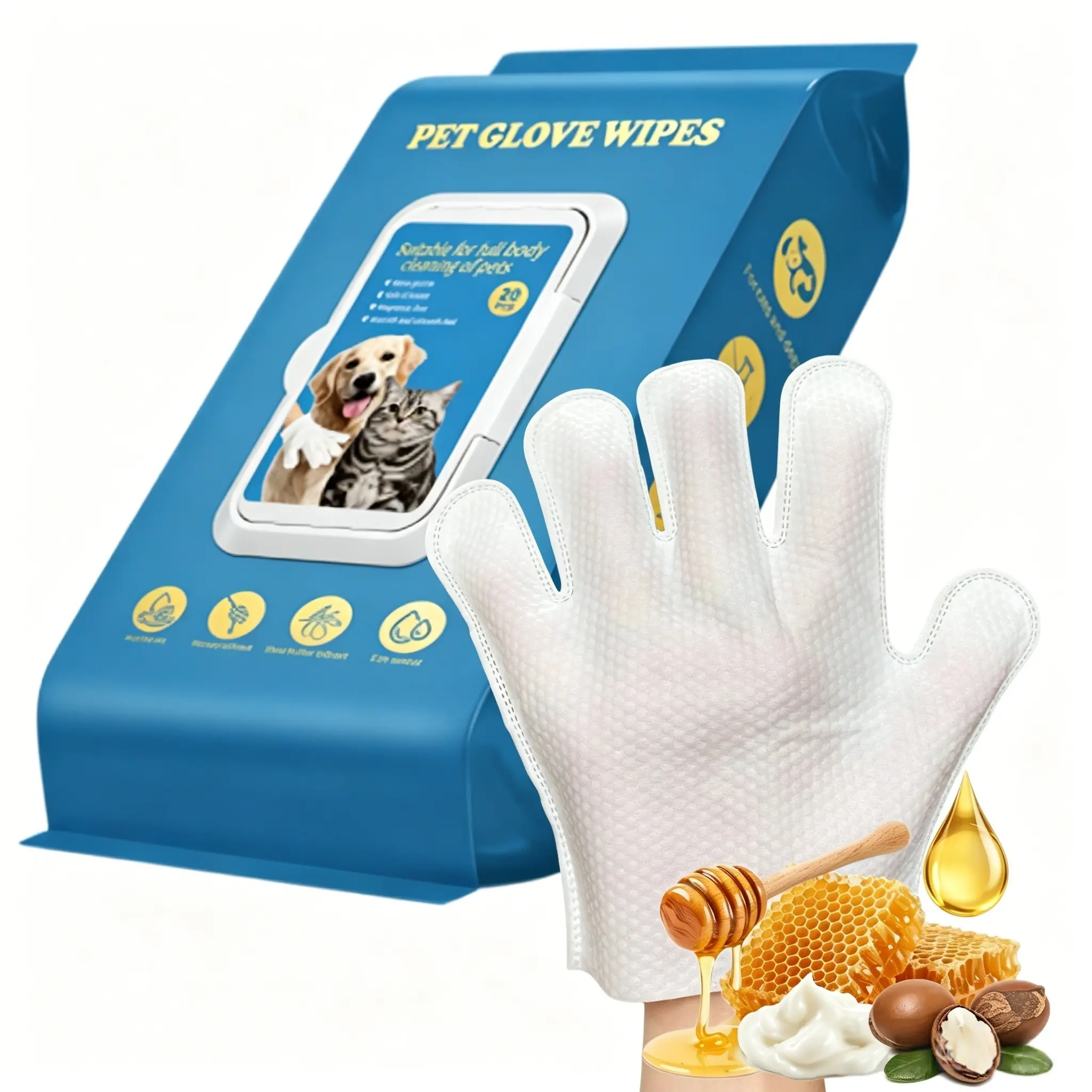 No-Rinse Pet Cleaning Glove Wipes - Hypoallergenic Deodorizing Wipes for Dogs, Cats & Horses, Coconut Scent, Hydrating & Nourishing Fur Grooming Gloves (20 Count)