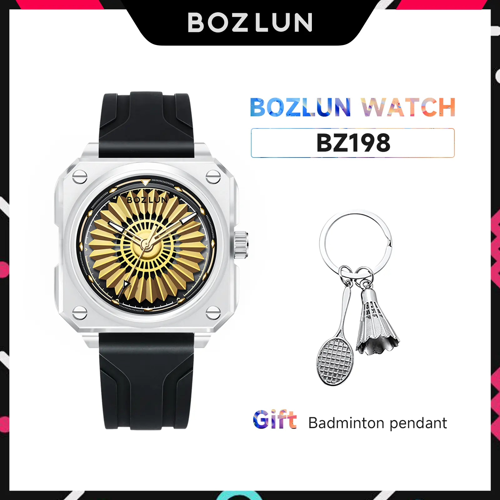 BOZLUN Quartz Waterproof Men's Smart Watch - Creative Rotating Badminton Motif Dial, Outdoor Sports Timepiece for Students, Quartz Waterproof Watch