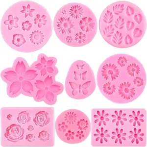 Flower Silicone Molds,9pcs Rose Leaf Daisy Sunflower Chrysanthemum Small Flowers Fondant Molds Polymer Clay Mould Candy Chocolate Molds for Cupcake Cake Pop Puck Decoration DIY Crafts