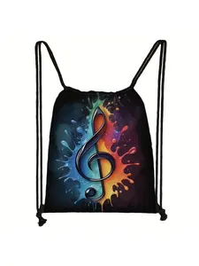 Elegant music themed drawstring backpack - large capacity, durable polyester fiber, hand wash only - perfect choice for travel and daily use