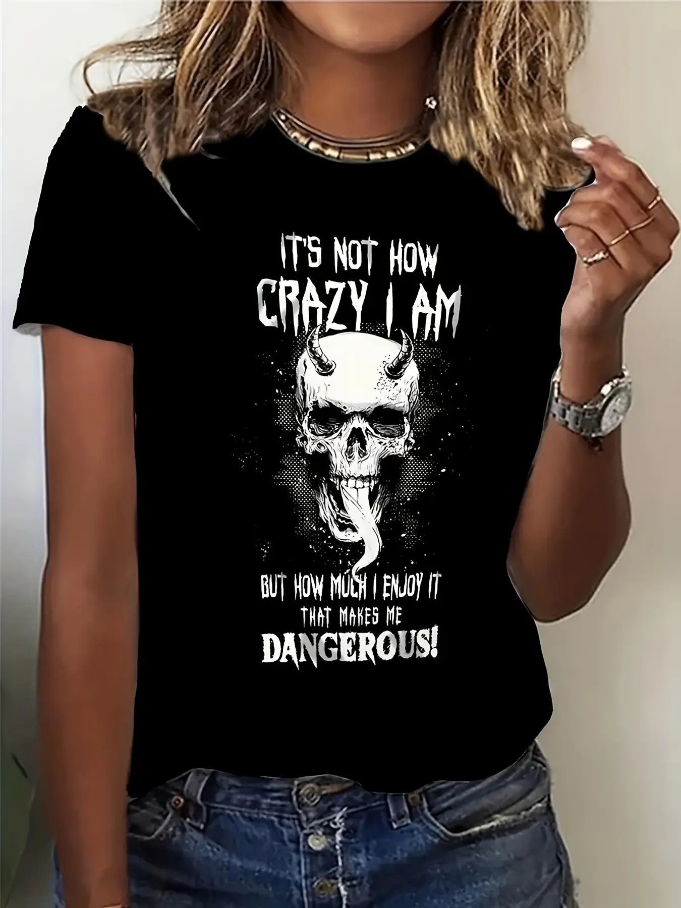 Women's Edgy Skull Graphic T Shirt Short Sleeve Round Neck Black Gothic Design with White Skull & Text IT's NOT HOW CRAZY I AM BUT HOW MUCH I BELIEVE THAT MAKES ME DANGEROUS!Casual Tee forMen's Hot Selling T Shirts items Breathable Crew Neck Regular