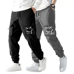 Menswear 2-PC Slim Fit Casual Elastic Waisted Cargo Trousers with Multiple Large Pockets, Easy On-Off, Letters Detail, Suitable for Casual & Daily Wear