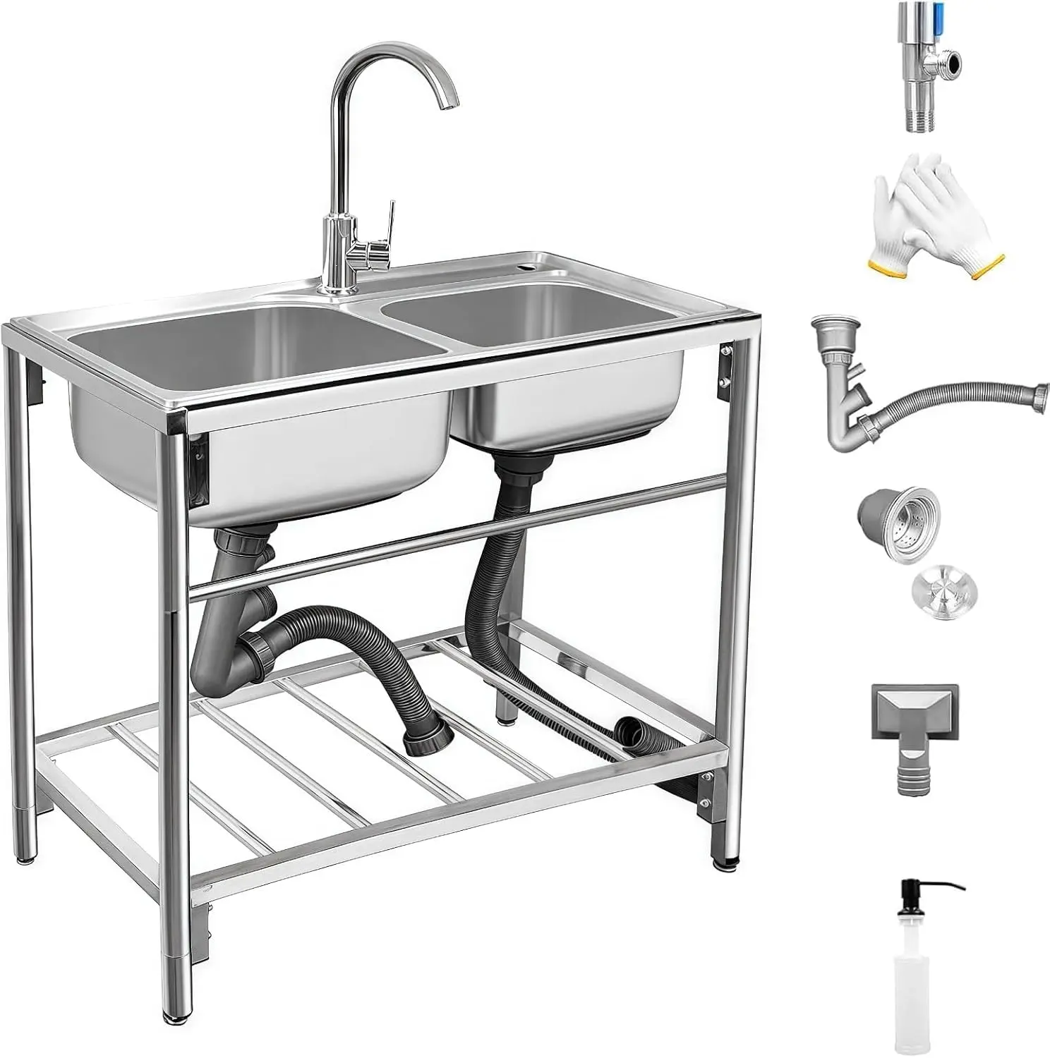 Freestanding Double Bowl Sink, 31.5" x 16.9" x 29.5" Stainless Steel Kitchen Sink, Outdoor Utility Sink with Hot Cold Faucet, Ideal for Restaurant, Kitchen, Laundry, Garage