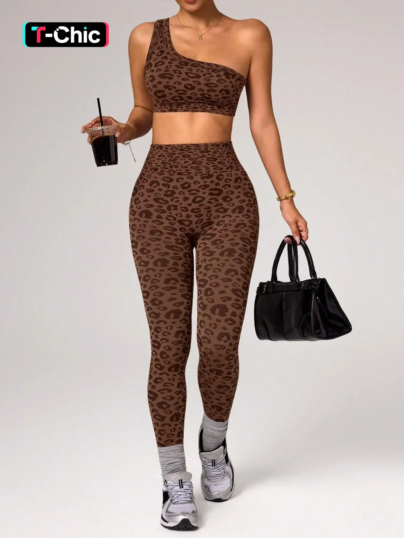 Women's Leopard Print Sports Two-Piece Set, Athletic Clothing Set, One-Shoulder Tank Top & High Waist Butt Lifting Leggings, Casual Spring & Summer Outfits for Workout, Yoga and Gym, Athletic Wear, Casual Wear