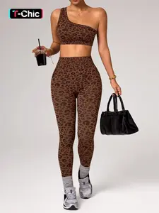 Women's Two-Piece Set, Leopard Print Off-Shoulder Yoga Tank Top, High Waist Butt Lifting Yoga Pants, Casual Spring Summer Sports Wear, Yoga Gym Outfits, Summer Activewear, Summer Athletic Wear, Workout Casual Wear, Stylish Activewear