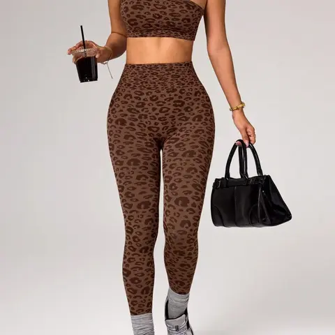 Women's Leopard Print Sports Two-Piece Set, One-Shoulder Tank Top & High Waist Butt Lifting Leggings, Casual Spring & Summer Outfits for Workout, Yoga and Gym, Athletic Wear, Casual Wear, Workout Sets