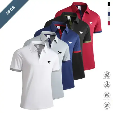 Men's 5-Pack Button-Front Polo Shirts - Polyester Blend, Slightly Elastic, Soft, Comfortable, Breathable, Fitted Cut, Striped/Plain, Ideal for Running & Daily Wear, Gift Option, Athletic Menswear Tops
