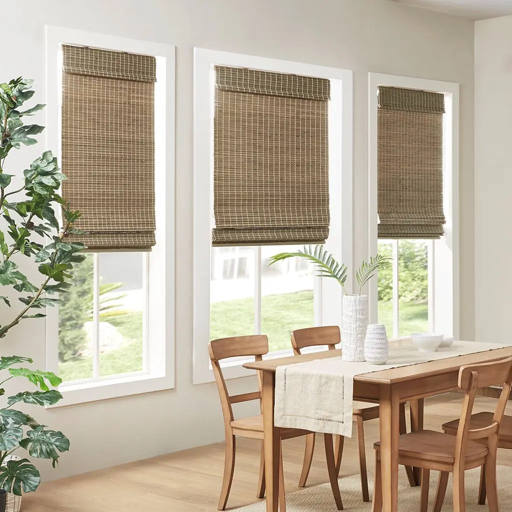 Natural Woven Bamboo Roman Shade 64 Inch Length Cordless Roller Blind Light Filtering for Windows Doors Living Room Bedroom Kitchen Patio Indoor Decor Privacy Control Easy Install