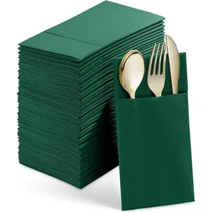 50PCS Disposable Linen-Feel Dinner Napkins with Built-in Flatware Pocket ,Prefolded Cloth Like Paper Napkins For Wedding Party