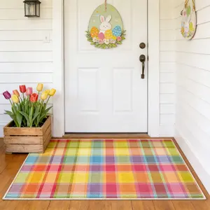 Easter Entry Mat, Scottish Style Colorful Plaid Rug, Boho Home Decor Carpet, Reflective Short Velvet Pad, Suitable for Living Room Bedroom Kitchen Outdoor Entrance Area