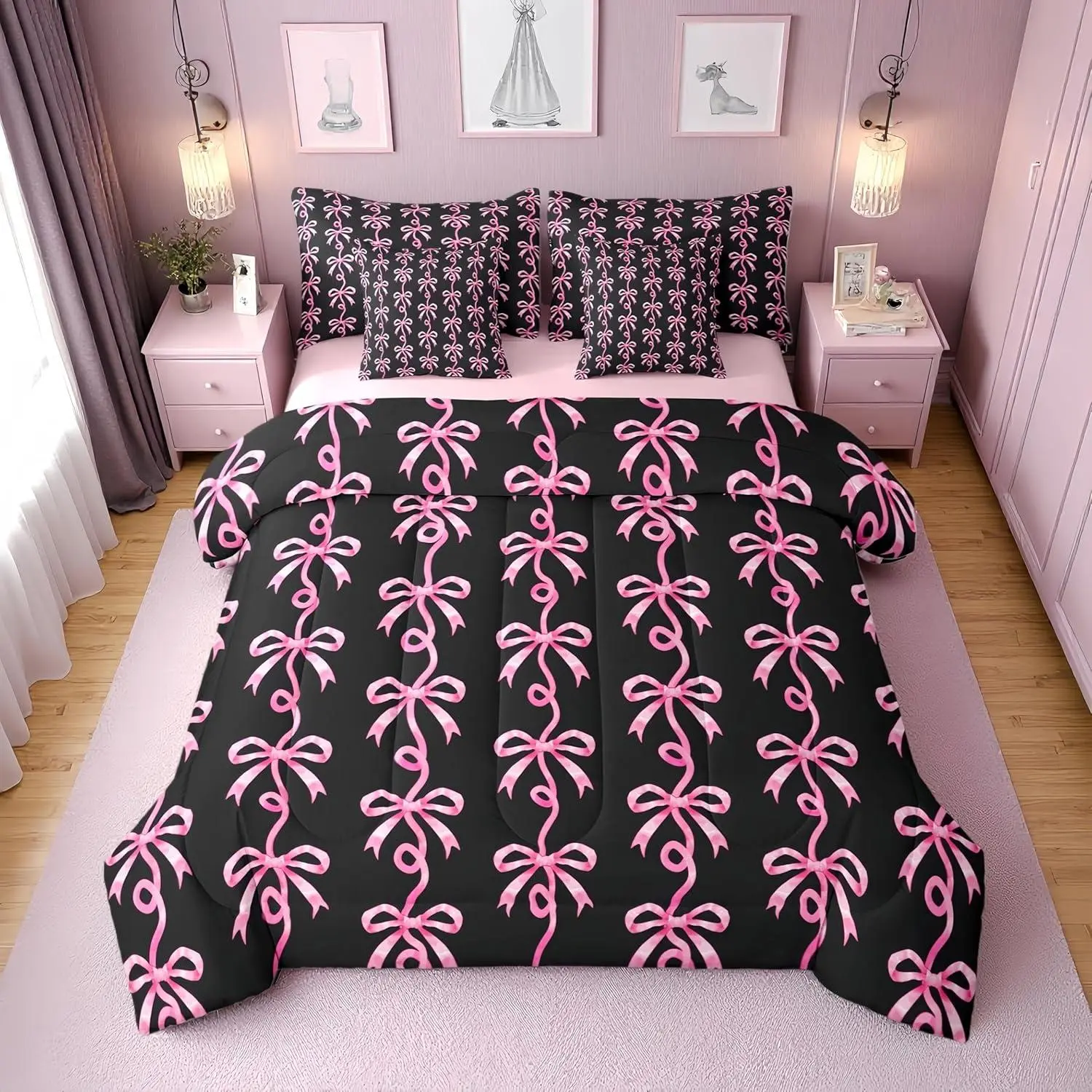 Feelyou 7-Piece Queen Microfiber Bedding Quilt Set - Pink & Black Stripes, Coquette Ribbon Bow Comforter, Bowtie Sheets, Breathable Blanket, All-Season, Low-Heat Tumble Dry Compatible, for Girls