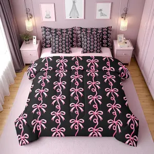 Feelyou 7-Piece Microfiber Bedding Set - Pink and Black Striped Bow Comforter with Sheets, Coquette Ribbon Bowtie Design, Breathable Blanket, Bedding Supplies for Girls, Queen Size Option