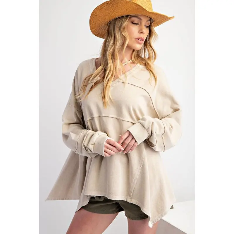 Easel Terry Washed Pullover Sharkbite Hem - Khaki