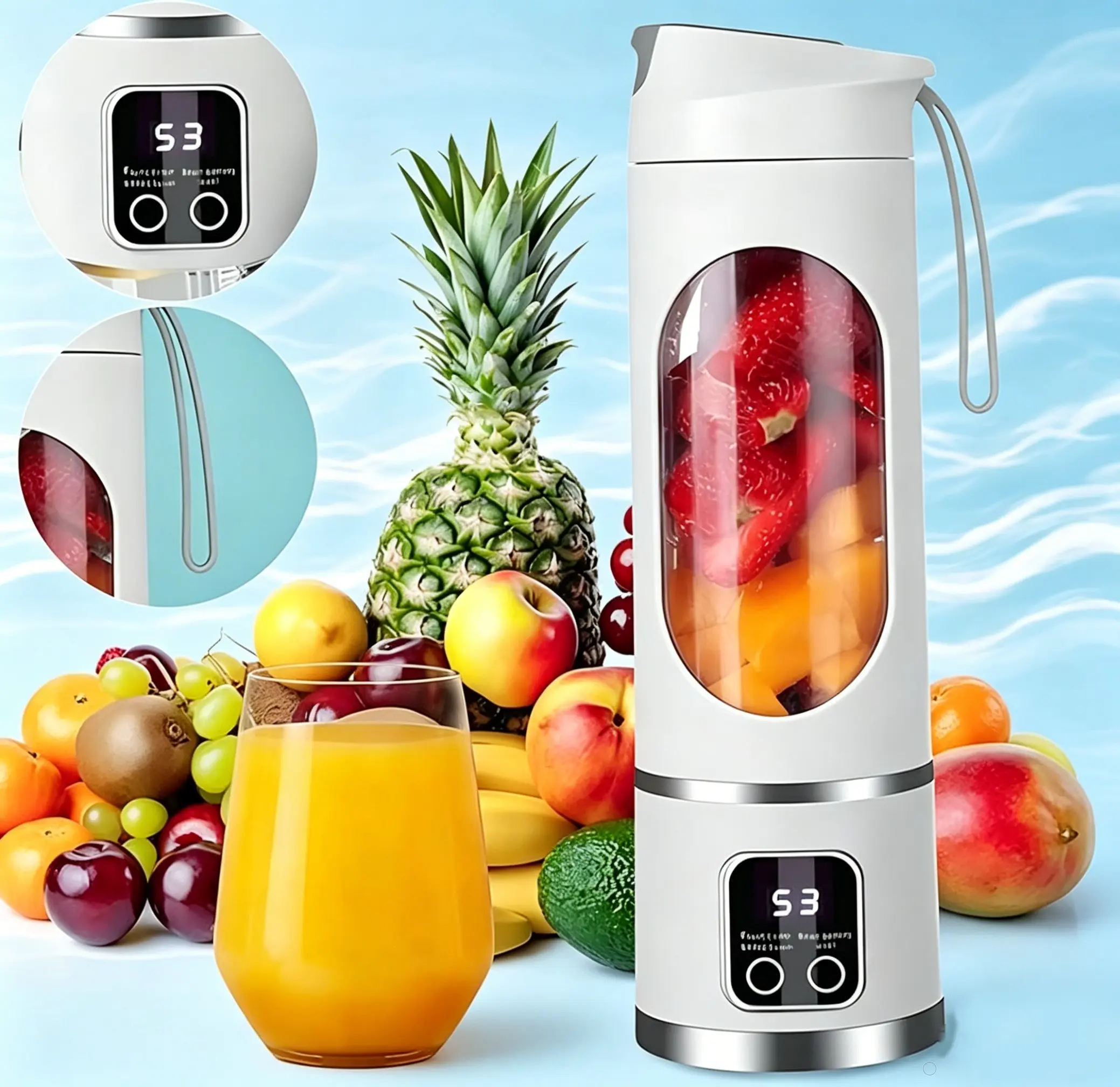 2-in-1 Mini Smart Blender - Stainless Steel Ice Crusher, Smoothie Maker, Upgraded Blade Head, Rechargeable Long-Lasting Battery, USB-Powered, USB Port, Leakproof Seal, Unisex Portable Travel-Ready, Easy-to-Clean, LED Display, Ideal Gift for Home & Office