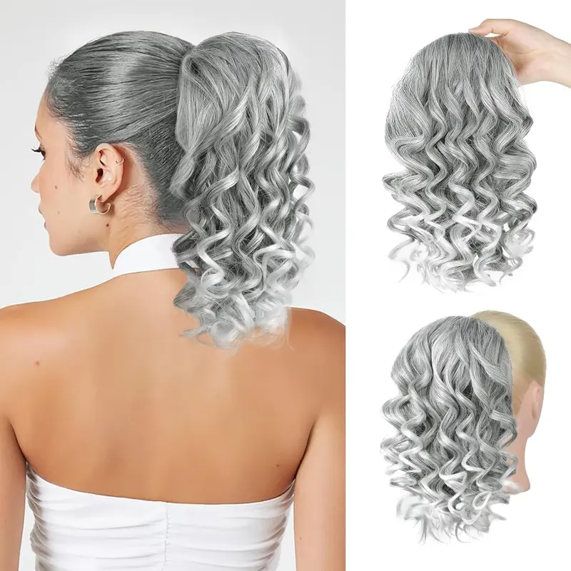 Ponytail Extension, Drawstring Ponytail 14" Short Curly Clip in Hair Extensions Ponytail Lightweight Fake Pony Tails Hair Extensions Silver Grey