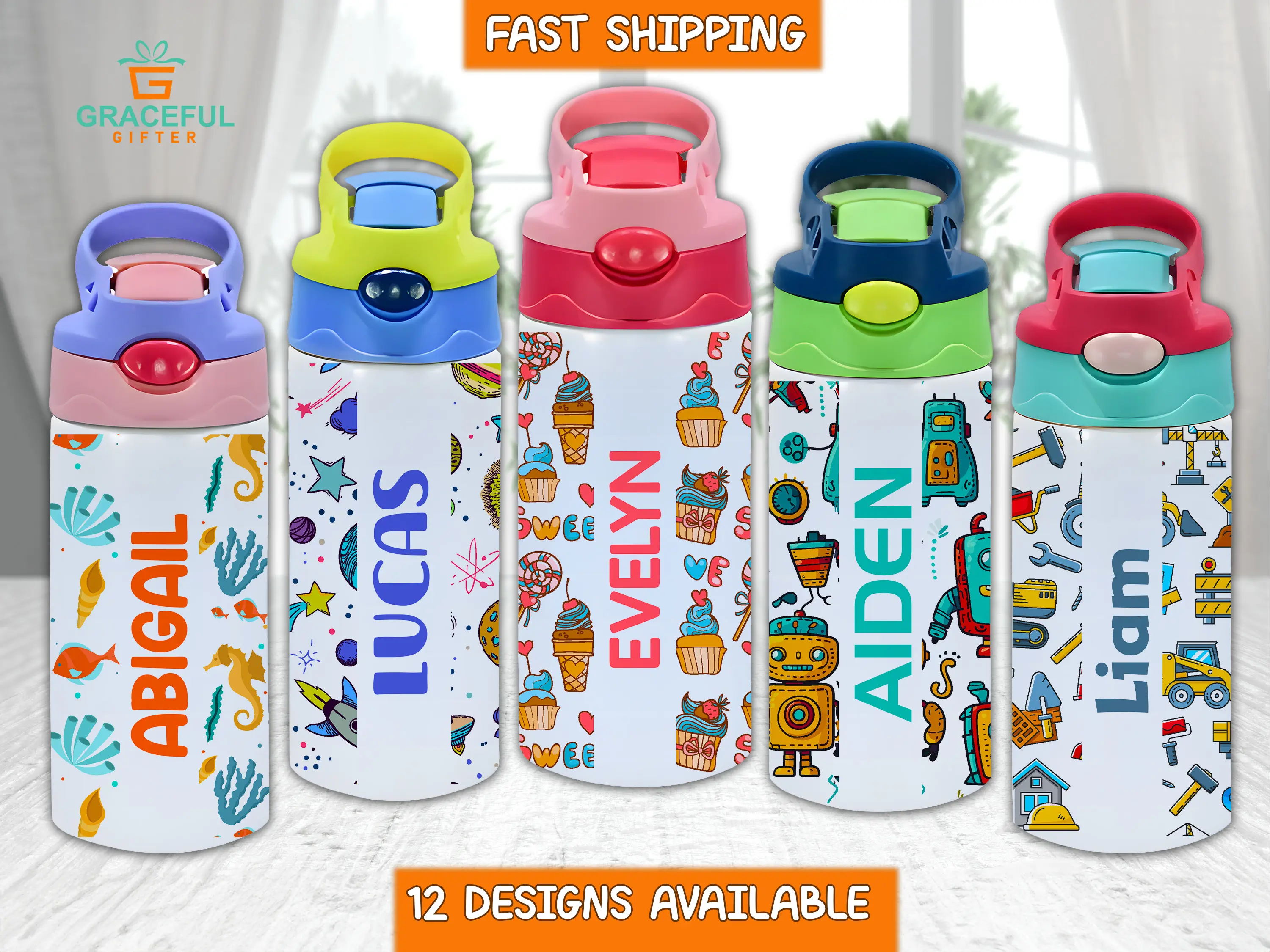 Custom Kids Water Bottle - Personalized Name 12oz Tumbler with Flip Top and Straw - Birthday Gift for Kids , Kids Christmas Presents