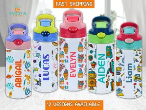 Custom Kids Water Bottle - Personalized Name 12oz Tumbler with Flip Top and Straw - Birthday Gift for Kids , Kids Christmas Presents
