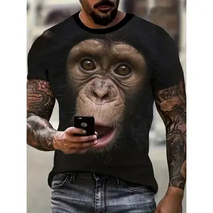 Men's 3D Printed Monkey Graphic T-Shirt - Realistic Black & Brown Design, Breathable Round Neck Short Sleeve Tee for Gym, Casual Outings & Summer Activities - Machine Washable Regular Fit, Monkey T Shirt, Vacation Clothing, Vibrant Colors