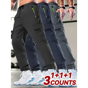 Plus Size Men's 3-Pack Casual Cargo Pants, Drawstring Waist, Print Zip & Utility Pockets, Lightweight for Spring & Summer, Perfect for Outdoor Running & Training