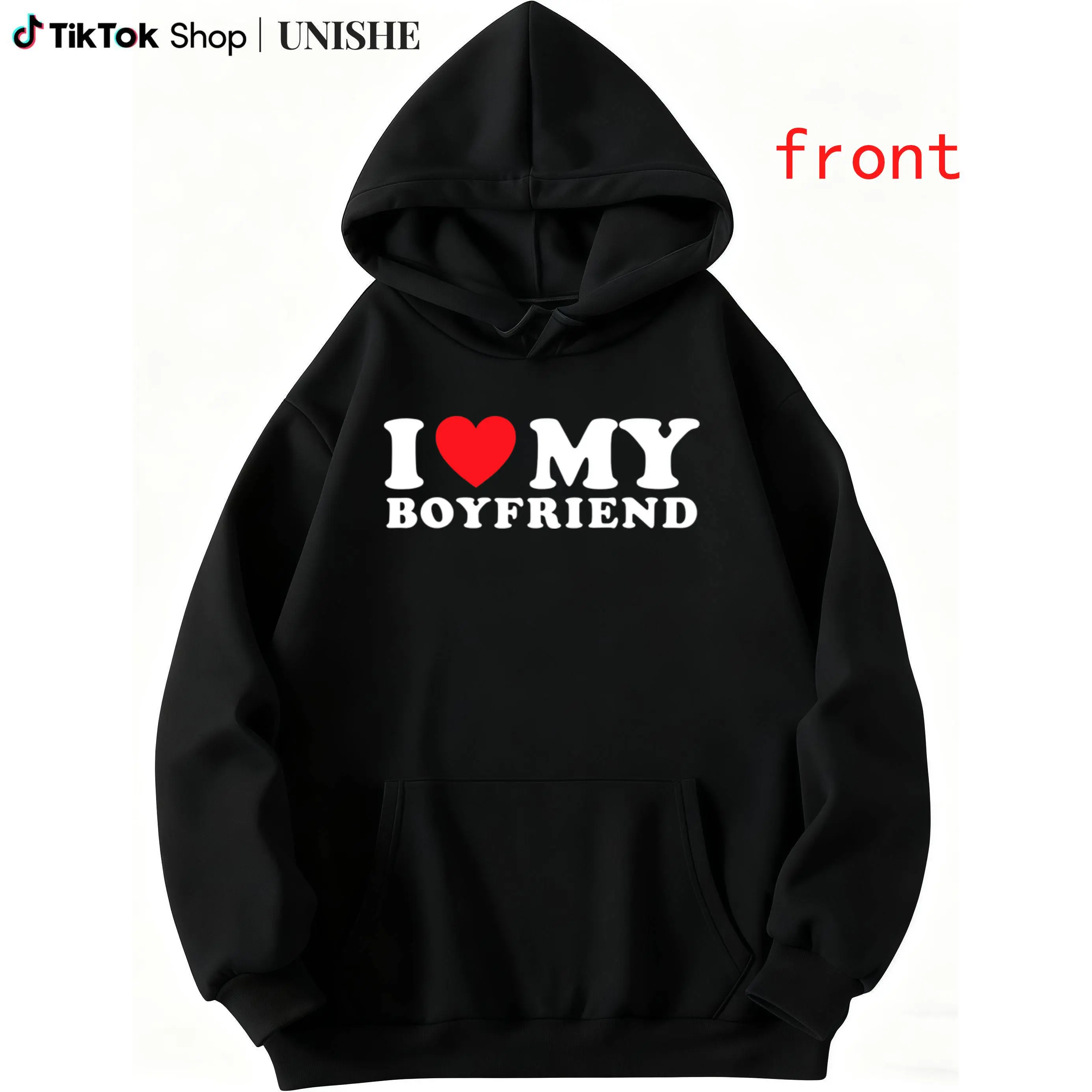 Long Sleeve Hoodie with I Love My Boyfriend Text – Casual Black Crew Neck for Couples Prints Fabric