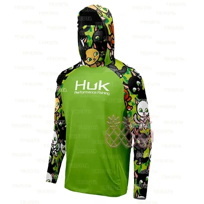 HUK Men Fishing Hoodie Cartoon Shirts Neck Long Sleeve Quick Dry Fishing Apparel Cap Breathable UV Protection Angling Tops
