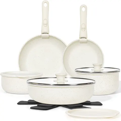 15Pcs Non Stick Cookware Set with Detachable Handle - Glass Lid, Compact Stackable Frying Saucepan, Oven Safe, Induction Fast Heating, Thermal Efficient, Easy to Clean, RV Kitchen Use, Modern Design, Father’s Day Gift Option, Pots and Pans Set