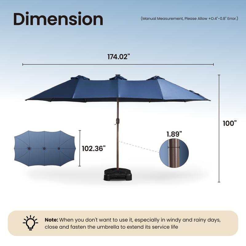 【Solar Lights Umbrella & Table】Ovios 15ft Double-Sided Patio Solar Lights Umbrella with 25" Coffee Table , Outdoor Large Umbrellas with Crank Handle and 36 LED Lights, Rectangular Market Umbrella with Base Included for Deck Pool Shade
