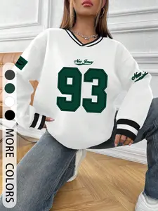 Women's Casual Fitted Patchwork V-Neck Long Sleeve Sweatshirt, Lady, Womenswear, Number 93 Print, Striped Cuffs and Hem, Fall & Winter Comfortable Top, Perfect for Leisure Outings