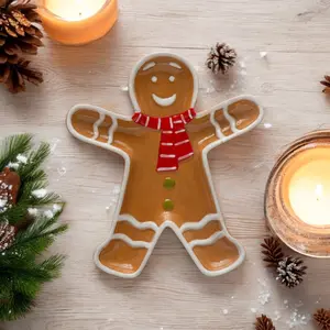 Hand-Painted Ceramic Gingerbread Man with Scarf Shaped Platter - 7-in