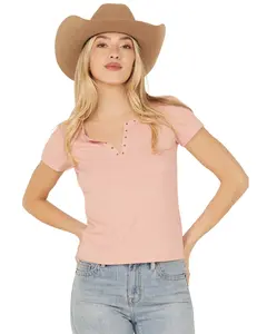Shyanne Women's Women'S Studded Rib Knit V-Neck Top - Swsu25k65-Ltpk