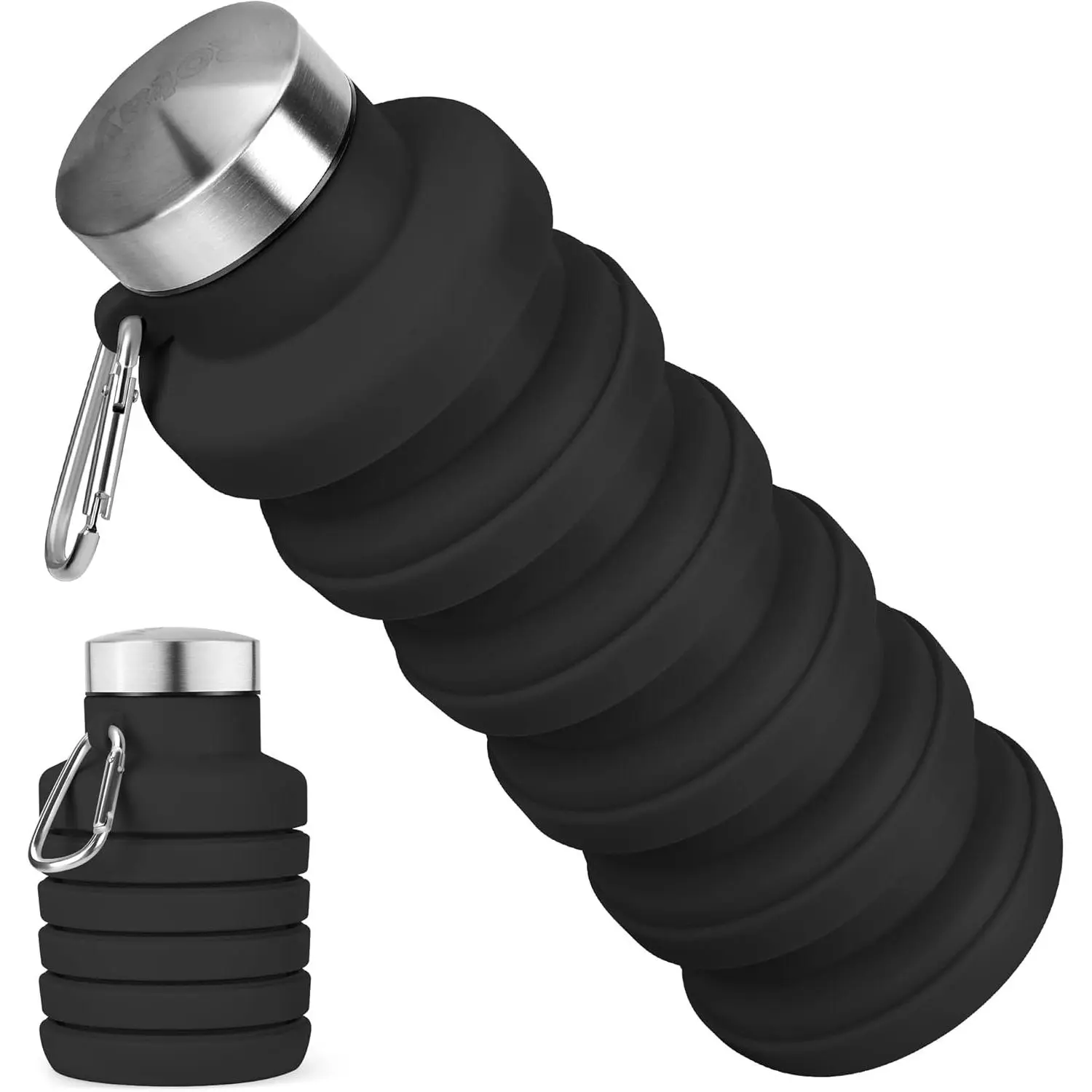 Collapsible Water Bottle, 16oz Portable Reusable Silicone Water Bottle, BPA-Free Leak-Proof Foldable Design with Carabiner, Lightweight Durable for Gym, Travel, Camping, Hiking, Sports-Black