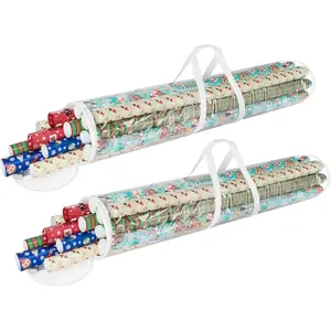 Wrapping Paper Storage - Set of 2 Organizers for 50 Rolls of Gift Wrap - Clear Totes with Handles for Holiday, Christmas, or Any Occasion