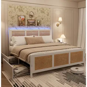 Garvee Queen Bed Frame with Headboard, Bohemian Rattan Platform Bed Frame with 4 Drawers, Strong Metal Slats Support, No Box Spring Needed, Noise-Free Design, Black