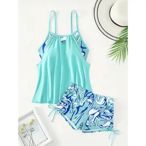 Women Tankini Swimsuit With Shorts -Comfortable Fit  Tie-Dye Halter Top, Adjustable Drawstring Shorts, Blue Green Two Piece Bathing Suit, Casual Beach Swimwear For Vacation,