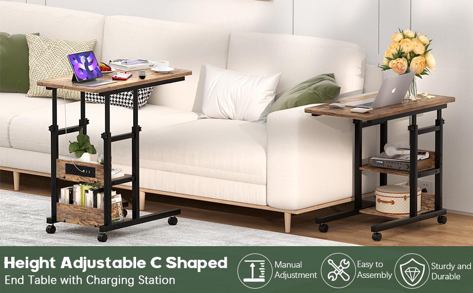 C Shaped End Table Height Adjustable - Couch Side Table with Charging Station, TV Tray with Wheels Slide Under Sofa for Small Spaces, Living Room Bedroom