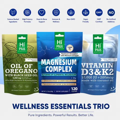 Wellness Essentials Trio- Magnesium Complex,Oil of Oregano with Black Seed Oil,Vitamin D3 & K2, To Address Bloating,Gluten-Free, Vegan, Non-GMO & Gelatin-Free
