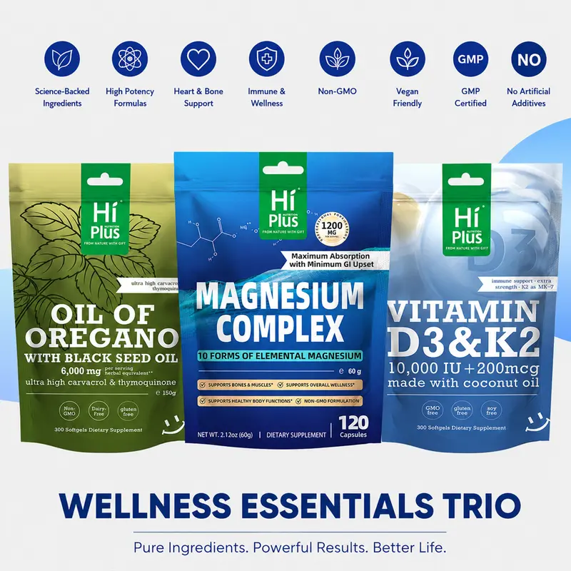 Wellness Essentials Trio- Magnesium Complex,Oil of Oregano with Black Seed Oil,Vitamin D3 & K2, To Address Bloating,Gluten-Free, Vegan, Non-GMO & Gelatin-Free