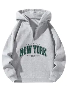Unisex Half-Zip Hooded Sweatshirt with New York Print, Urban Style Fleece Pullover for Sports Casual Wear, Fall Winter Long Sleeve Top
