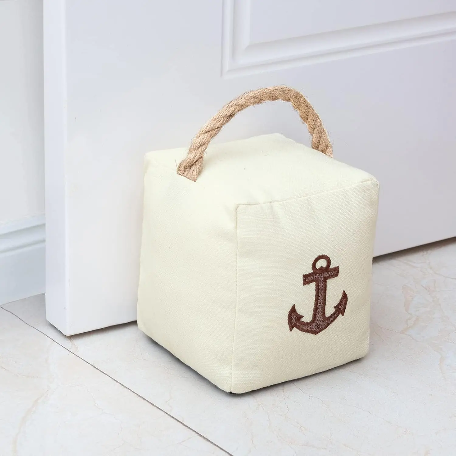 Fabric Door Stopper Decorative Door Stops for Home and Office, 3.3 pounds Weighted Interior Doorstop Heavy Duty Soft Door Stopper with Handle and Nautical Anchor Design - 5" x6" Beige