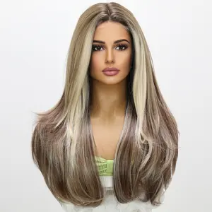 SMILCO/Brown And Blonde Highlight | Futura High Quality 22inch | Long Straight Middle Part Synthetic Lace Front Wigs | Dairy Style |  SM9123