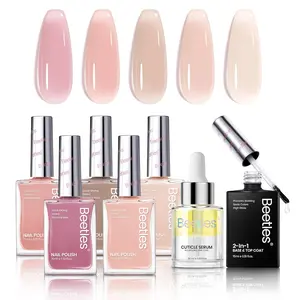 Beetles Pink Nail Polish Set, 5 Colors Nude Pink Jelly Collection Quick Dry Long Lasting Nail Polish Base & Top Coat and Cuticle Serum Kit Winter Christmas DIY Care for Nail Home Gift For Women Girls