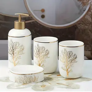 New 4-Piece Luxury Ceramic Bathroom Accessory Set - Luxurious Lotion Dispenser Stylish Soap Dish Convenient Mouthwash Cup and Space-Saving Toothbrush Holder - Elevates Bathroom Decor Perfect Housewarming Gift Set